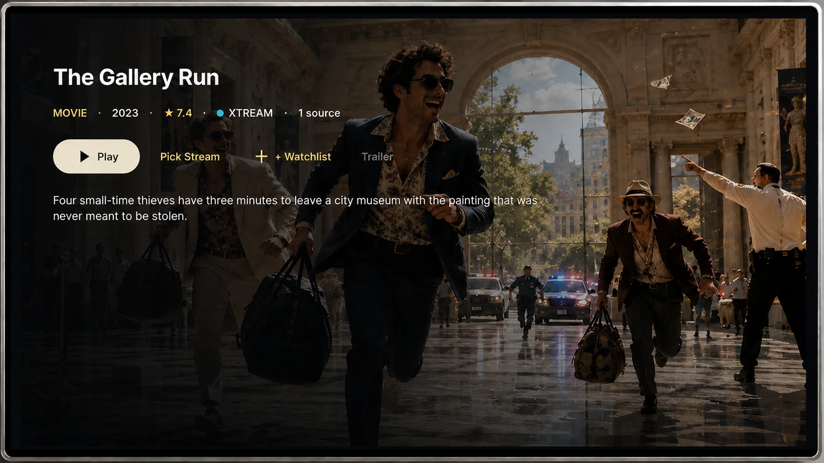 Sylume Title Details screen in a silver TV bezel, showing The Gallery Run with synopsis, rating and playback actions