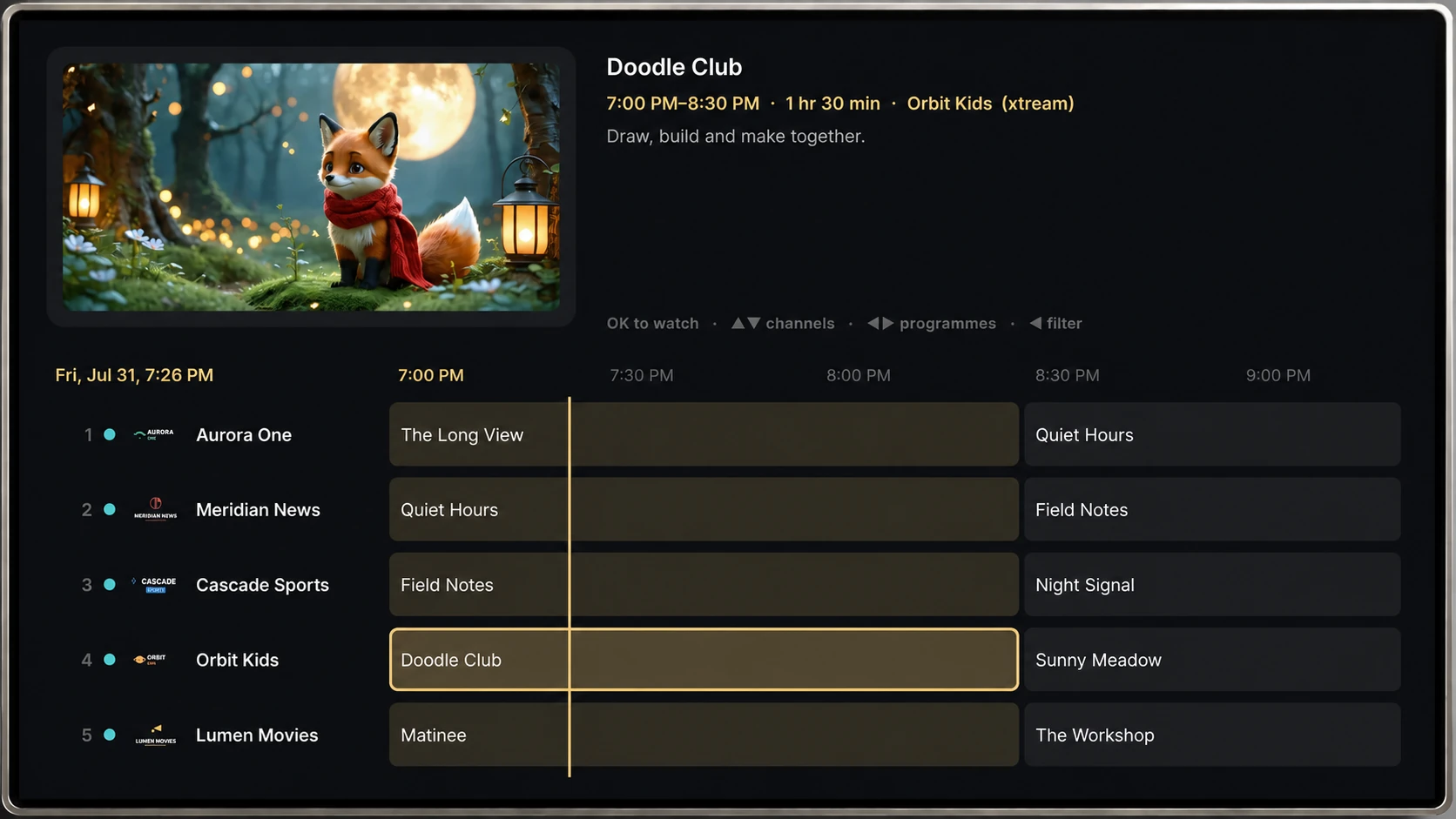 Sylume live TV guide in a silver TV bezel, with a channel preview and programme timeline grid