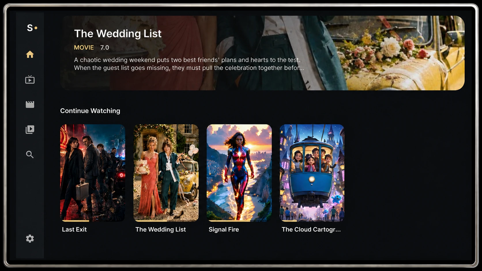 Sylume home screen framed in a silver TV bezel, with a featured title and Continue Watching progress rail