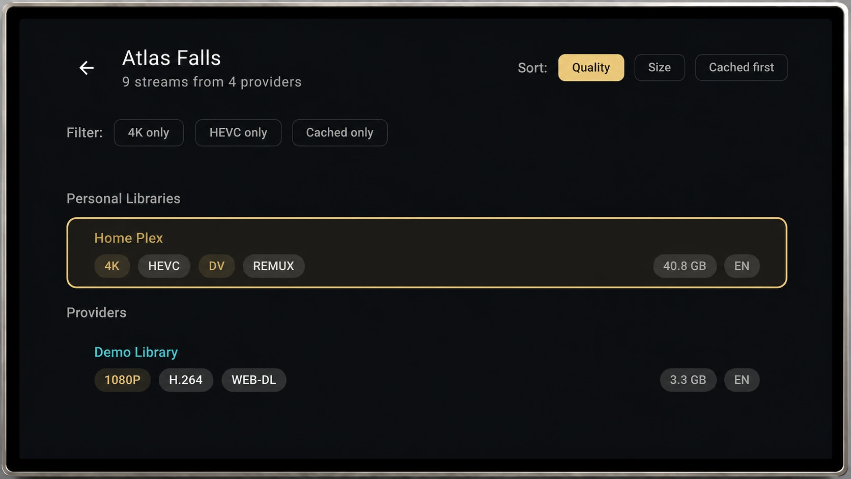 Sylume stream picker in a silver TV bezel, listing available streams with resolution, codec and file-size details