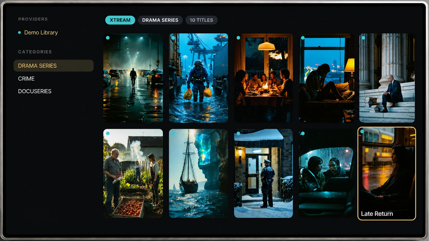 Sylume Movies and Series browser in a silver TV bezel, showing a poster grid organised by category and provider