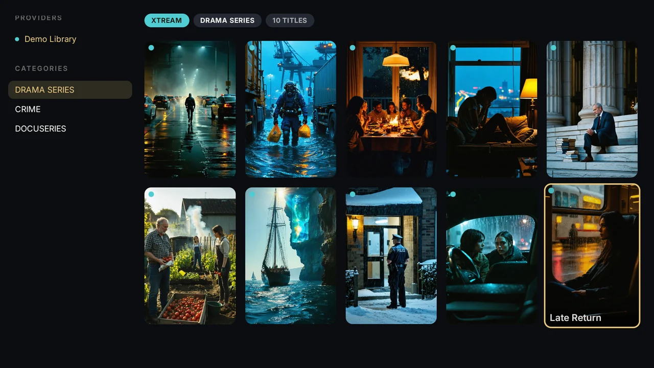 Sylume Movies and Series browser showing a grid of poster artwork organised by category and provider