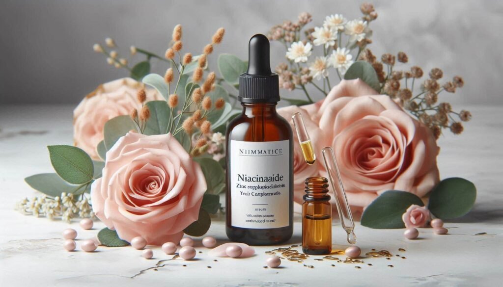 A minimal product photo featuring niacinamide serum and zinc solution used for oil control and acne-prone skin.