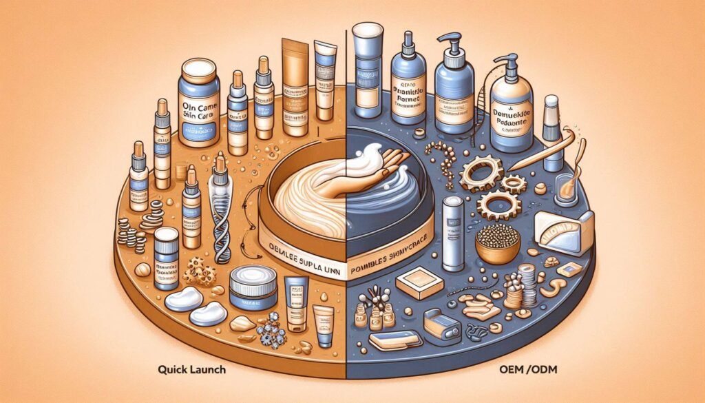 Split image showing fast-launch private label products on one side and detailed custom formulation process on the other.