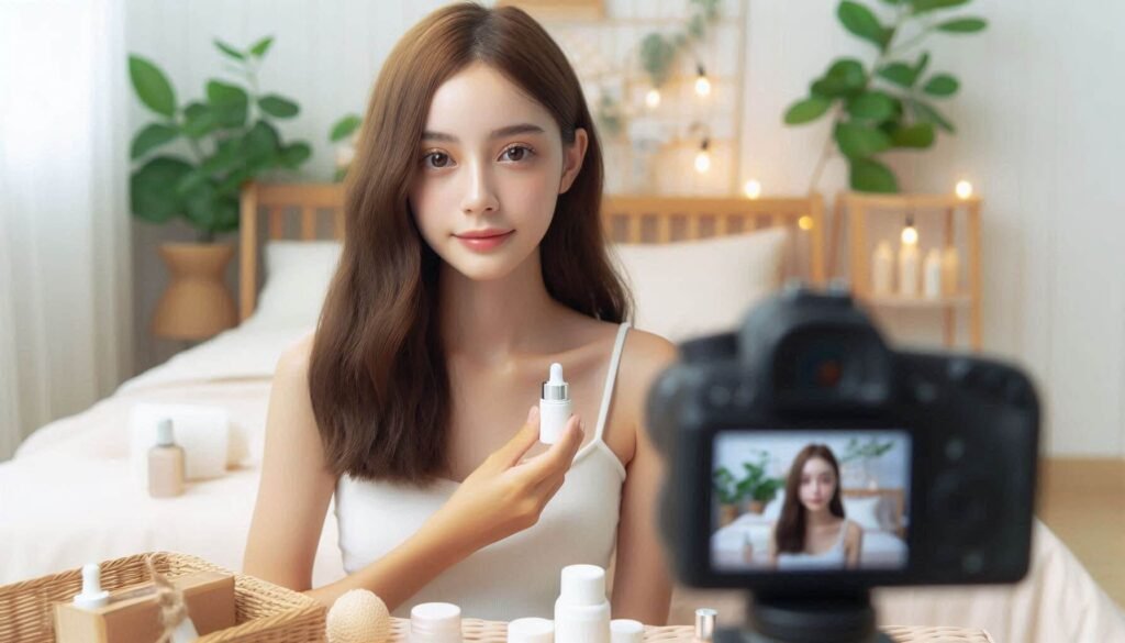 Micro-influencer filming authentic skincare product review for beauty audience.