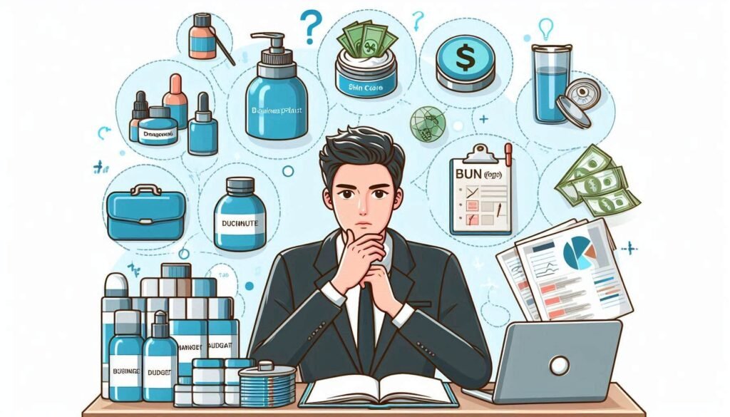 A startup founder reviewing plans and product samples to choose between private label and custom skincare.