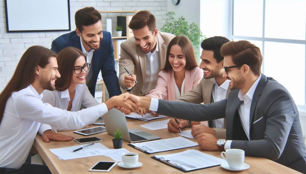 Startup team establishing partnership with skincare manufacturer