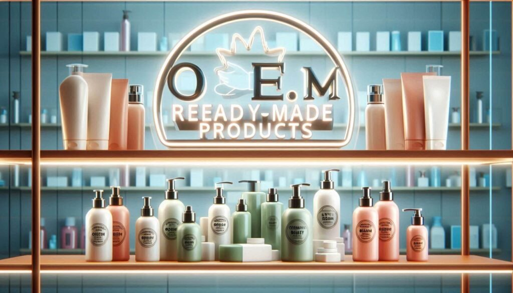 A shelf of skincare products with custom brand labels, representing private label manufacturing.
