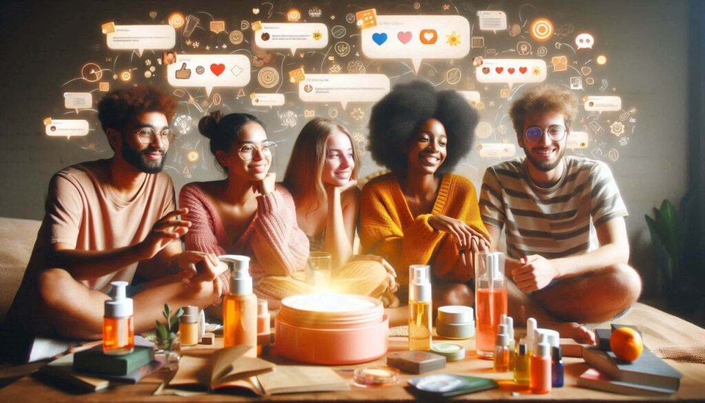 A smartphone screen displaying trending skincare hashtags and viral beauty posts on TikTok and Instagram.