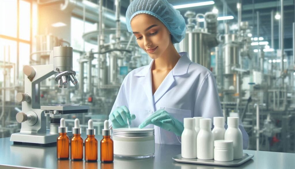 Professional skincare manufacturing facility with startup founder visiting