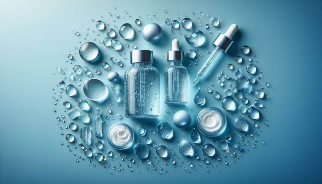 A hydrating skincare set with hyaluronic acid and panthenol serums on a blue water-themed background.
