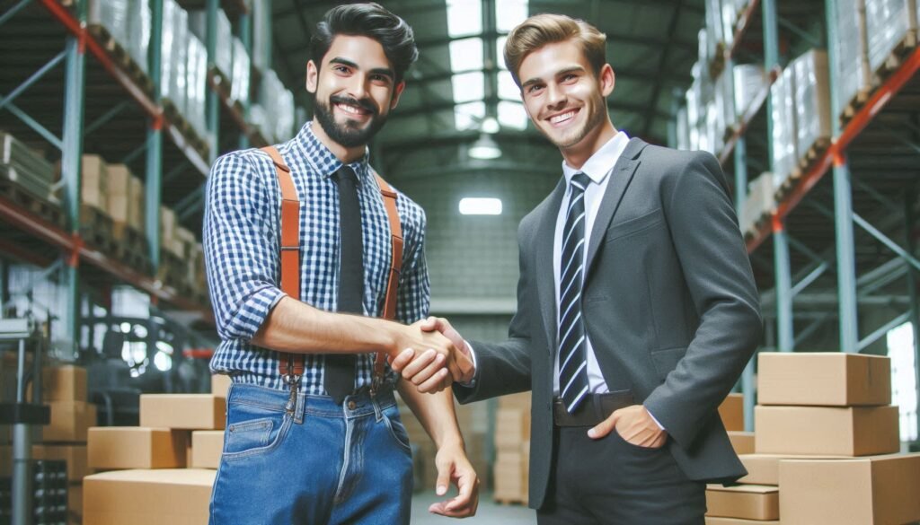 A skincare startup entrepreneur forming a strong partnership with an OEM manufacturer through face-to-face collaboration.