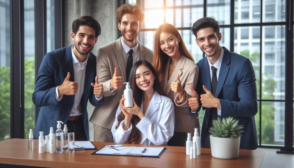 Team celebrating a successful skincare product launch