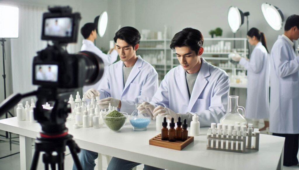 Lab technician working with raw ingredients to develop a custom skincare formulation.