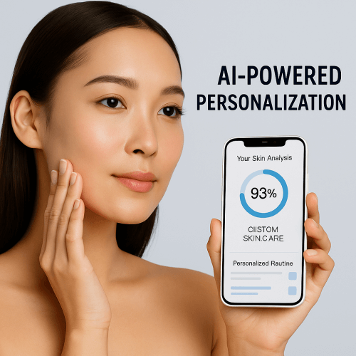 A smartphone screen showing an AI skincare app analyzing a user’s skin for personalized product recommendations.