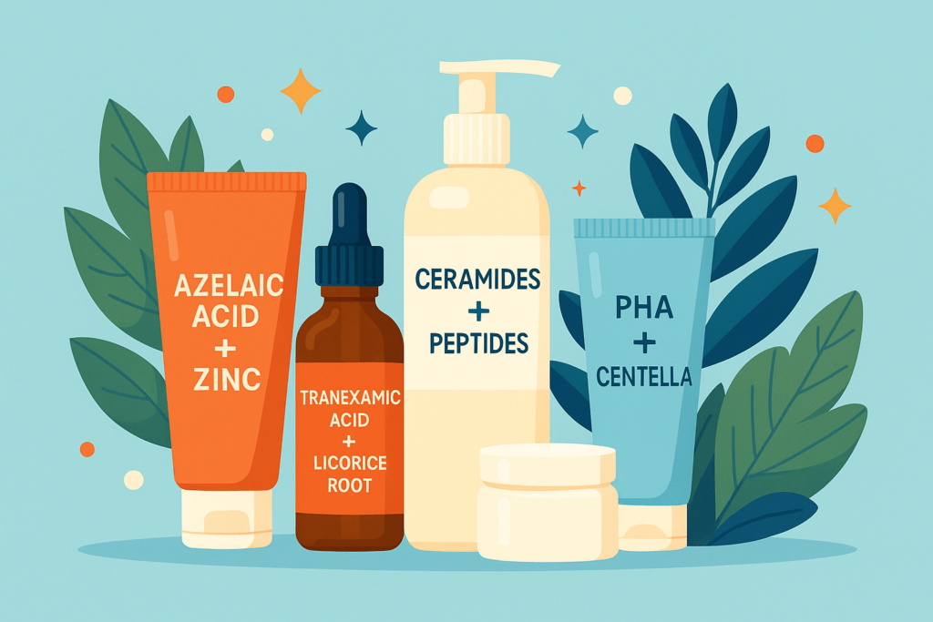 Illustration of trending skincare ingredients in 2025, highlighting Gen Z-favored combinations beyond niacinamide in a modern, flat-style design.