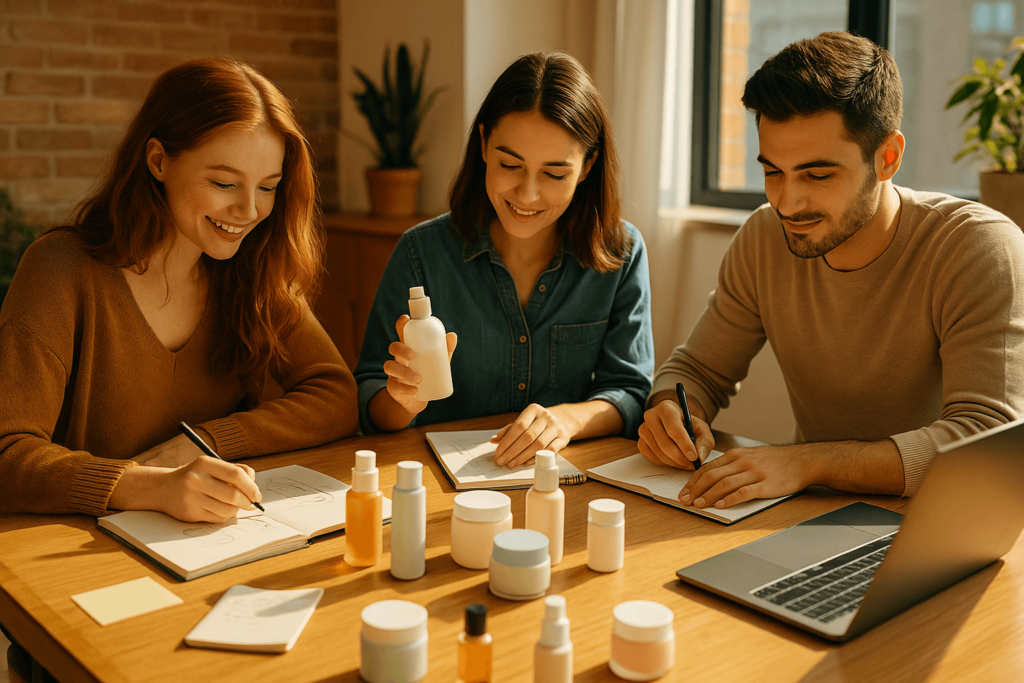 A group of young startup founders designing skincare product packaging, surrounded by cosmetics samples and notebooks, representing the rise of skincare startups.