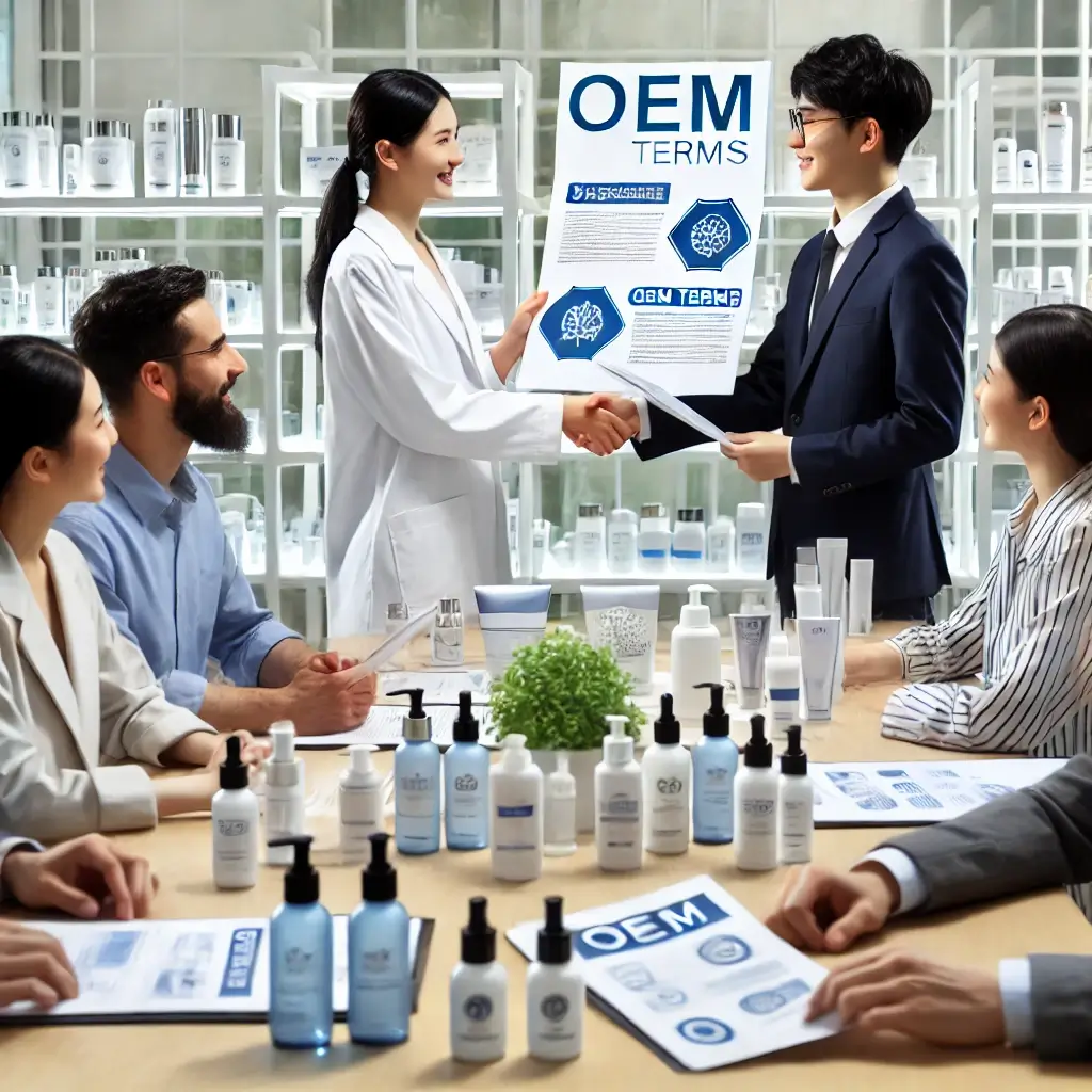 Two business professionals shaking hands over a skincare contract, symbolizing long-term OEM collaboration.
