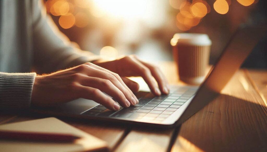Close-up of hands typing on a laptop with a coffee cup nearby, representing writing a professional follow-up email in a cozy workspace.