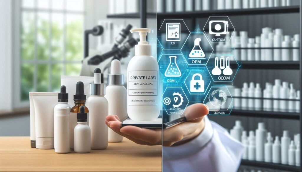 Side-by-side image comparing private label skincare packaging and a lab scene representing OEM/ODM formulation.