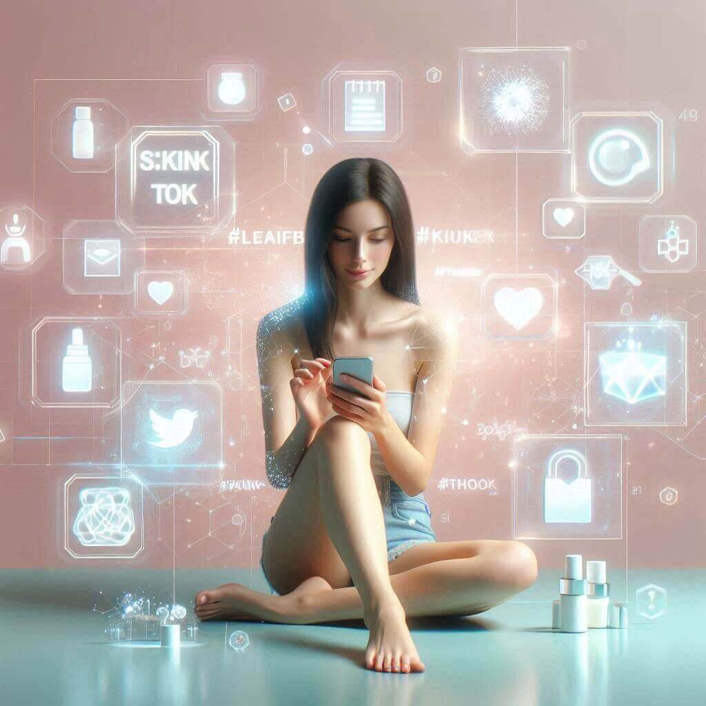 A digital collage of Gen Z users posting skincare content online, with hashtags, product reviews, and beauty routines.