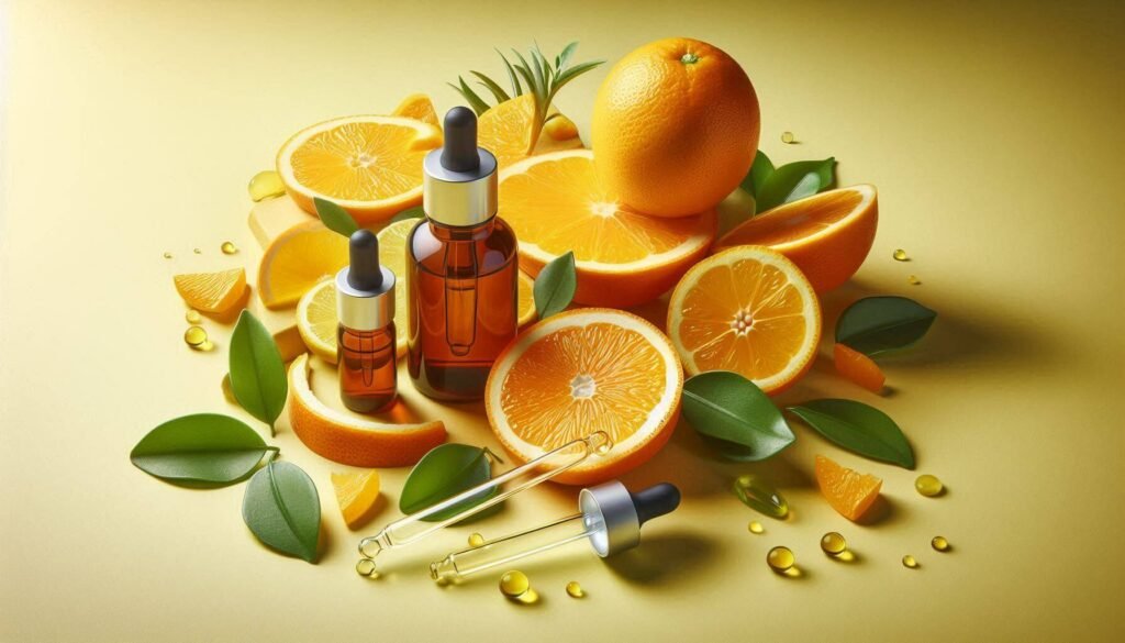 A bright product display featuring vitamin C and ferulic acid serums with citrus elements.