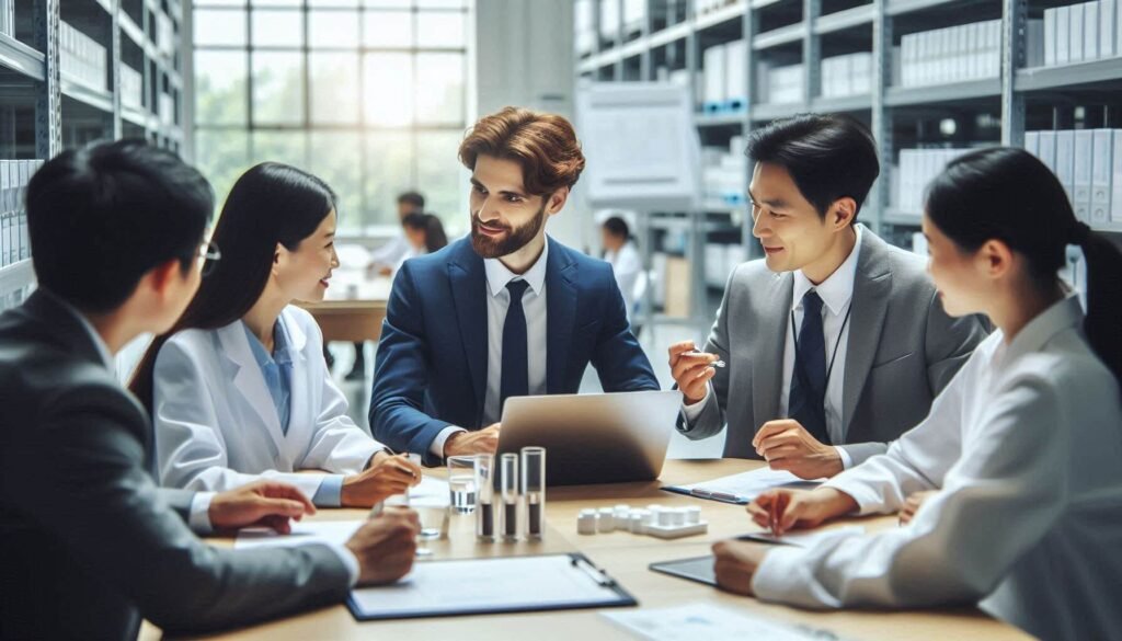 Startup founder discussing collaboration with skincare manufacturing partner