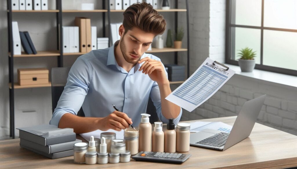 Startup founder reviewing financial plans to balance skincare product costs and quality.