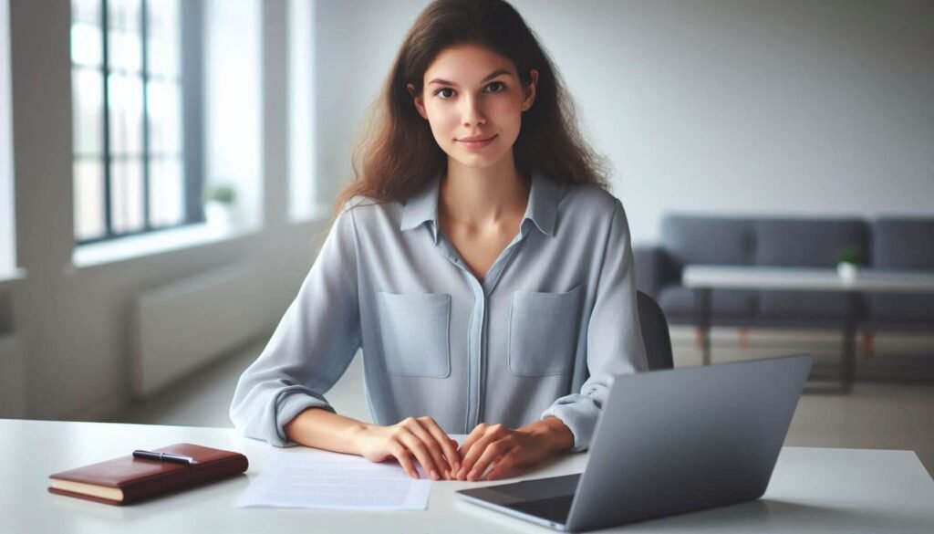 A professional writing a polite follow-up email in a bright, modern office