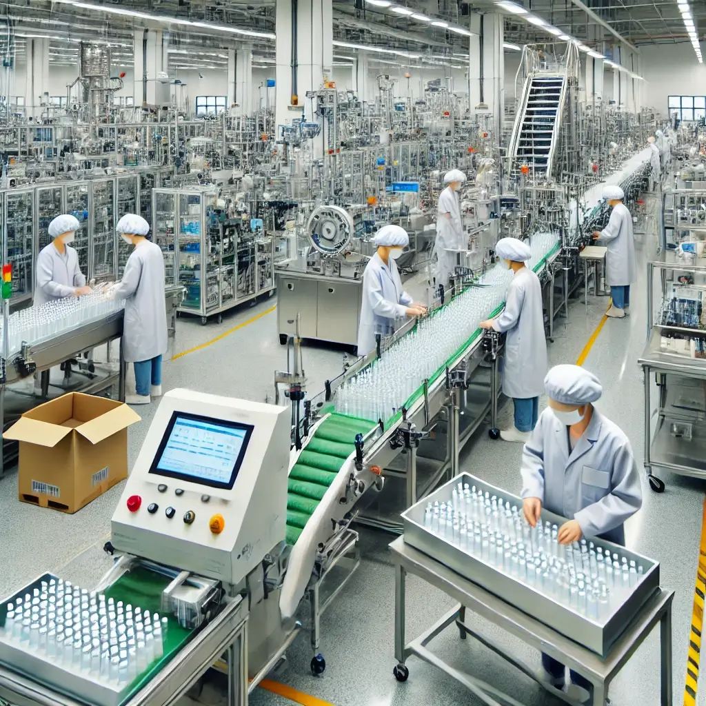 A skincare brand representative visiting an OEM manufacturing facility in China for quality and process inspection.