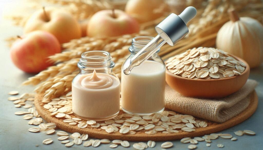 Close-up of oat extract and beta-glucan serum dropper, highlighting calming properties for sensitive skin.