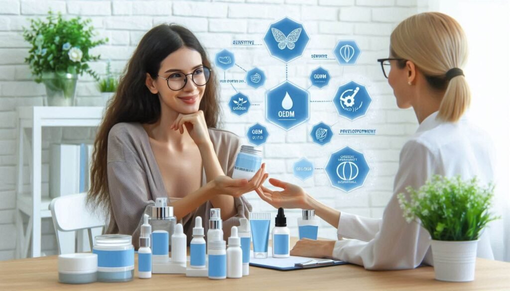 Skincare manufacturer discussing product development with a brand founder, highlighting OEM/ODM services for sensitive skin
