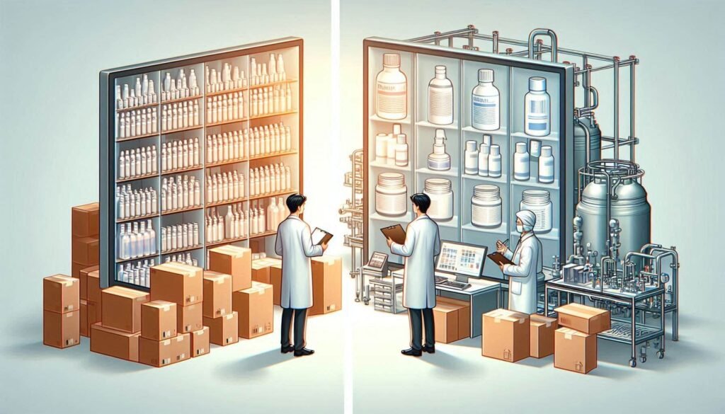 A businesswoman analyzing MOQ (Minimum Order Quantity) data at a desk, comparing small trial skincare packaging samples vs. large bulk bottles. Office environment, with charts, product samples, and a laptop. Professional lighting, business tone.