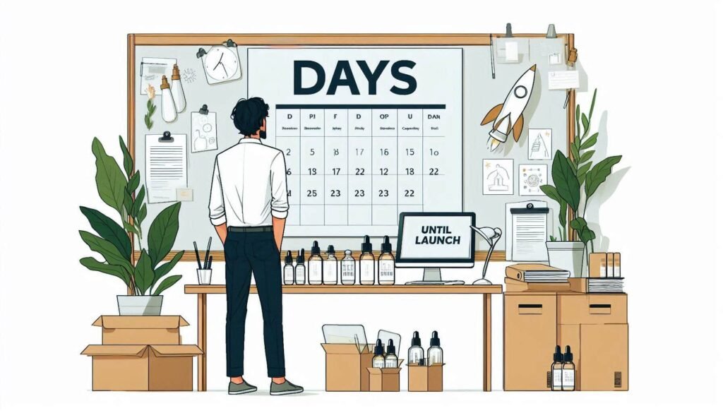 A visual production timeline or Gantt chart showing skincare product development stages: Sample → Testing → Production → Packaging → Shipping. Alternatively, a founder planning a skincare launch on a calendar with sticky notes and sample jars. Clean, modern office setting.