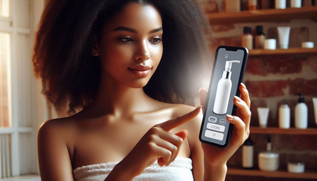 Gen Z consumer using mobile app to scan skincare ingredients for irritants.