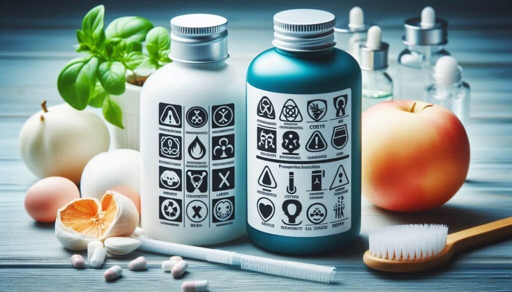 Product label highlighting formaldehyde-releasing preservatives as sensitive skin irritants.