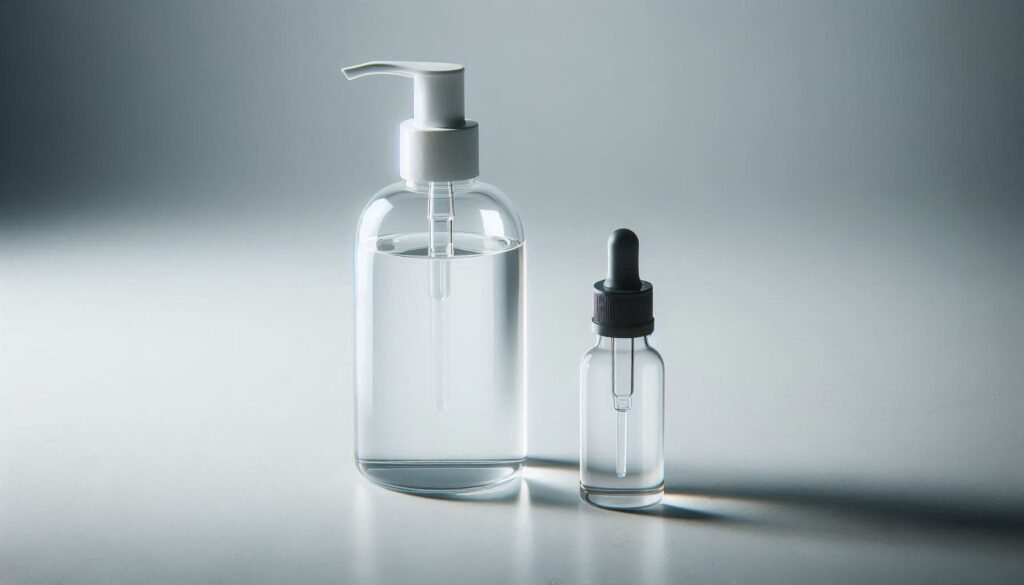 Glass and plastic skincare bottles side by side on a white background