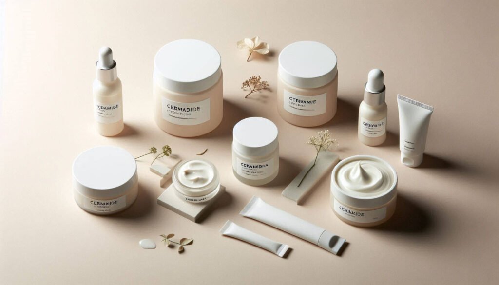 Minimalist skincare flat lay with clean labels, ceramide cream, calming skincare mood, sensitive skin theme, neutral background, modern branding