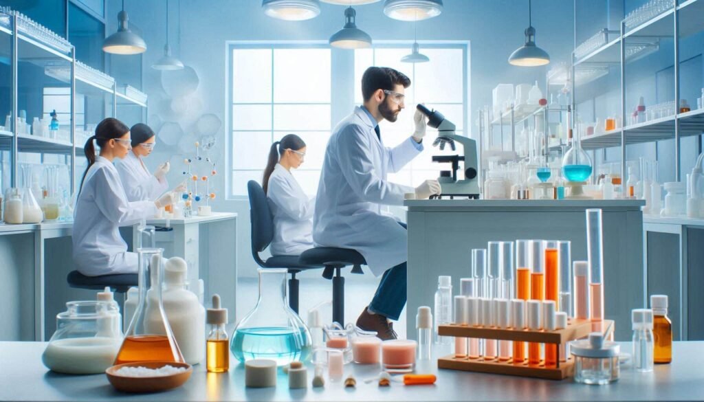 Cosmetic scientists developing barrier-repair skincare formulations in a lab.