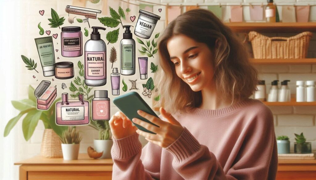 Gen Z skincare consumer browsing natural and cruelty-free skincare options on mobile