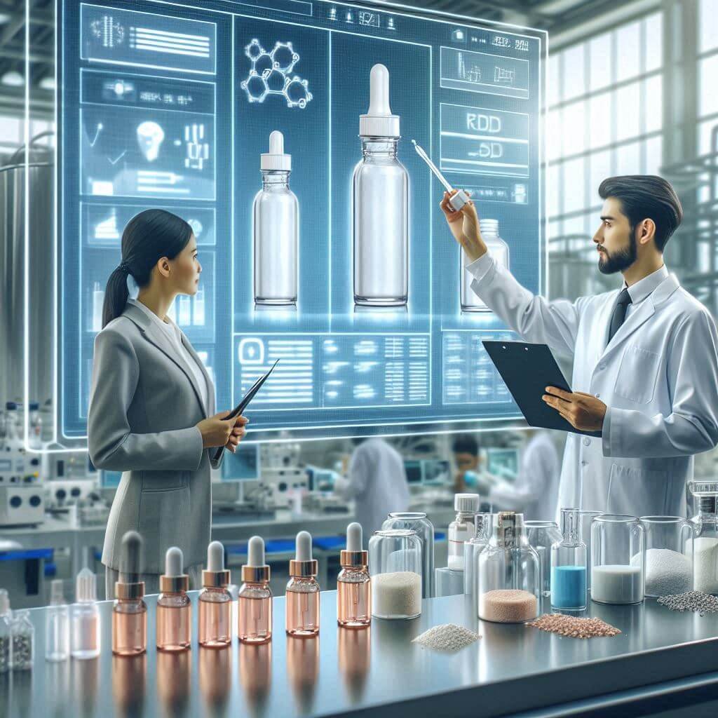 A skincare R&D lab scene with a technician using a pipette to test formulas. Several labeled sample jars (V1, V2, V3) on the table. Another person evaluating texture or scent, taking notes. High-detail, clean laboratory environment, scientific and professional.