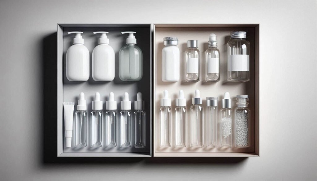 Side-by-side comparison of glass and plastic skincare containers, highlighting differences in material, look, and feel.
