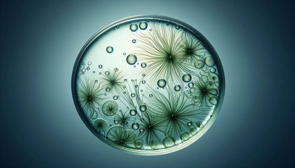 Red algae extract in water, symbolizing ocean-derived skincare benefits for sensitive skin.