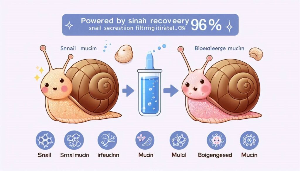 A before-and-after skin recovery illustration labeled “Powered by Snail Secretion Filtrate 96%,” or a diagram comparing snail mucin vs. bioengineered mucin.