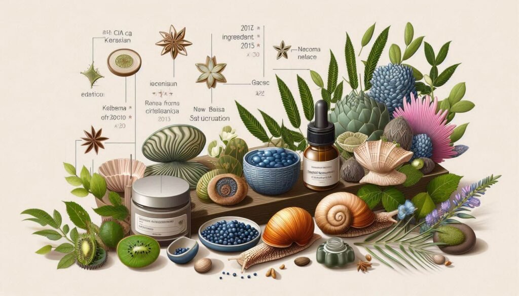 A K-beauty ingredient trend chart from 2015 to 2025, showing the rise and evolution of Cica, Snail Mucin, and new botanical stars.