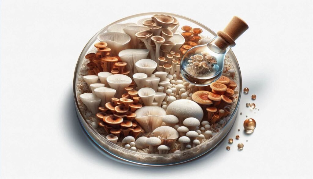 Snow mushroom and reishi extract visuals used in modern skincare for deep hydration and calming