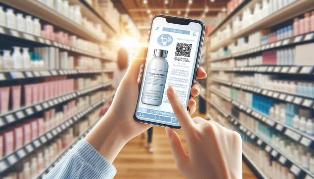 Showing consumers using mobile apps to scan skin care product barcodes or checking ingredient information on their phones reflects modern consumers’ focus on product ingredients and their demand for transparency.