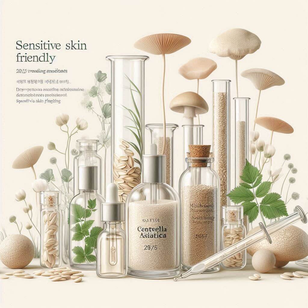 Cover image showing trending natural skincare ingredients for sensitive skin in 2025, including oat, Centella, mushroom, and algae, styled with minimal lab tools.