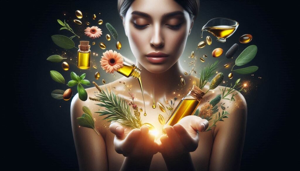 Visual of fatty acid-rich oils and ingredients used in skincare for sensitive skin