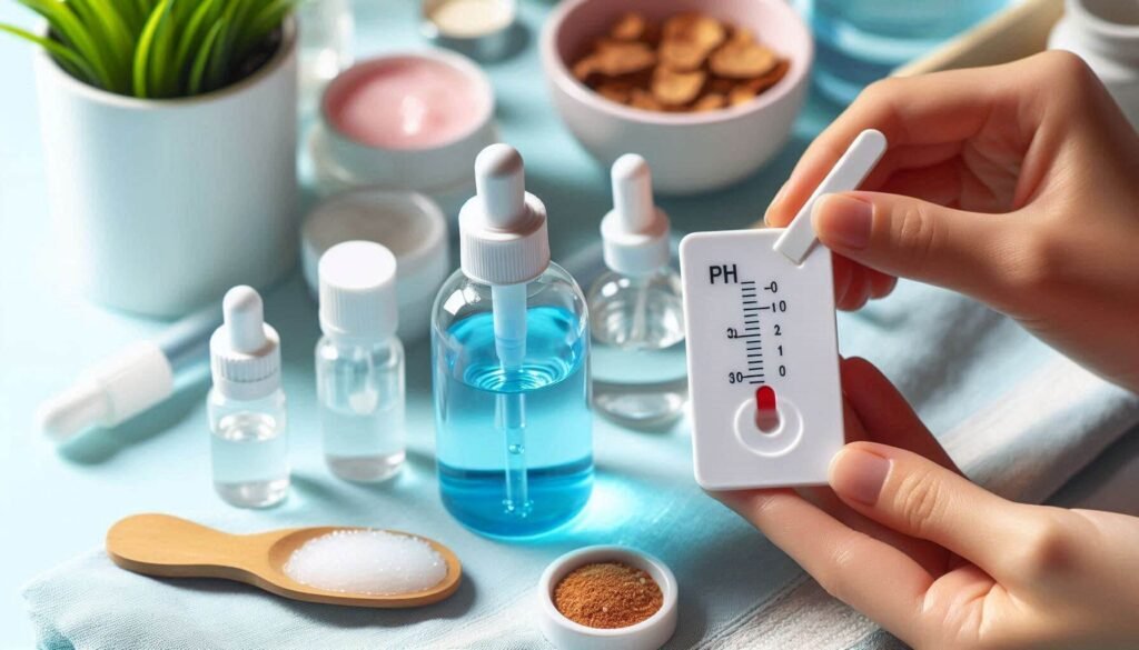 A pH strip testing skincare liquid, emphasizing pH balance in sensitive skin formulations